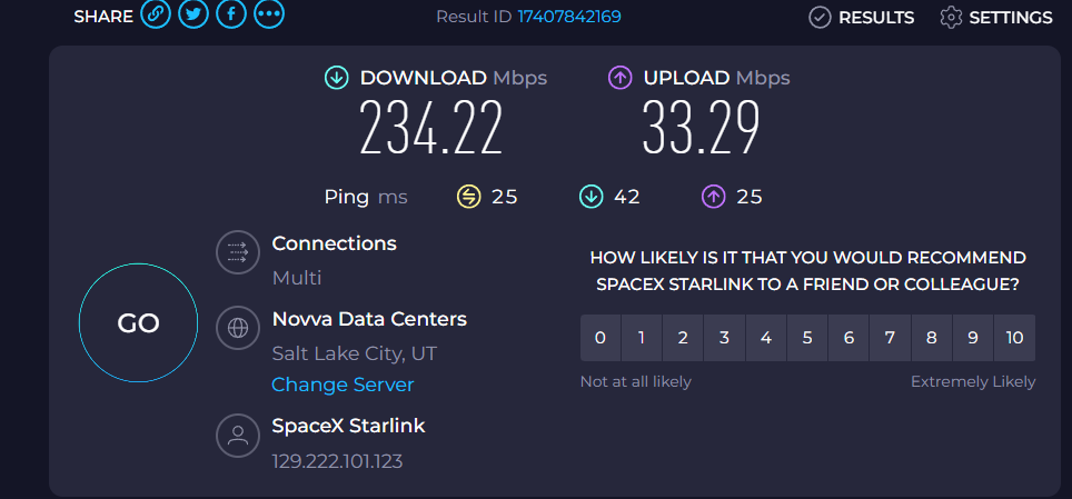 Starlink installation Buhl Idaho Speed test