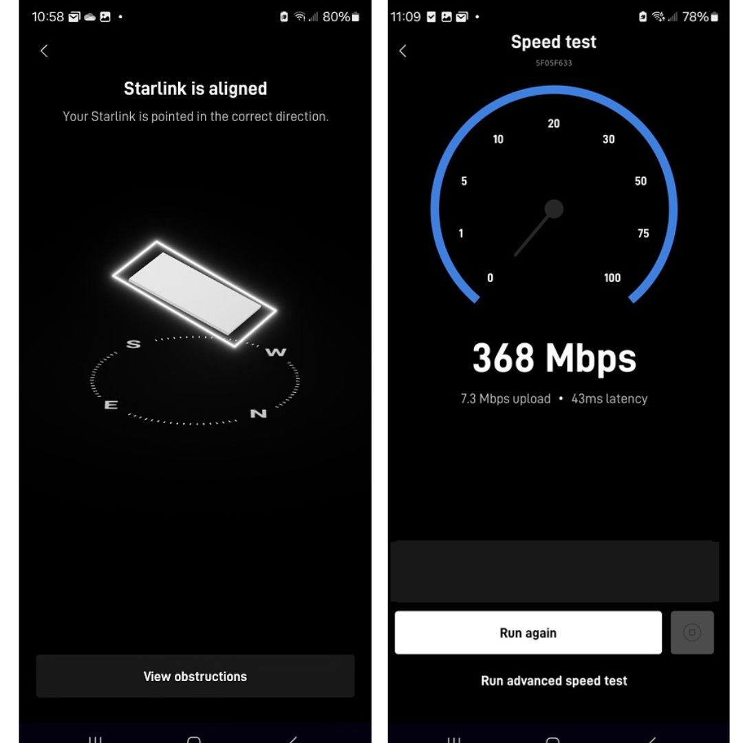 Starlink alignment and speed tests