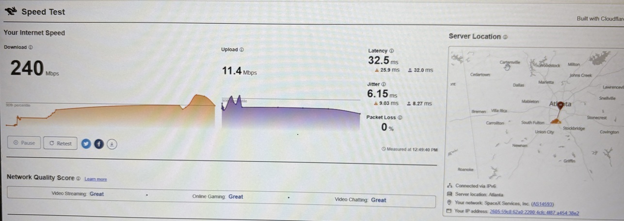 Starlink speed test 2 Dalton GA